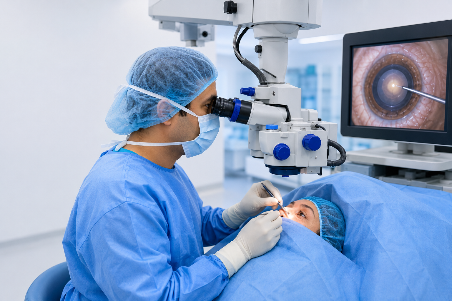 A surgeon at the operating microscope during cataract surgery at Insight Institute