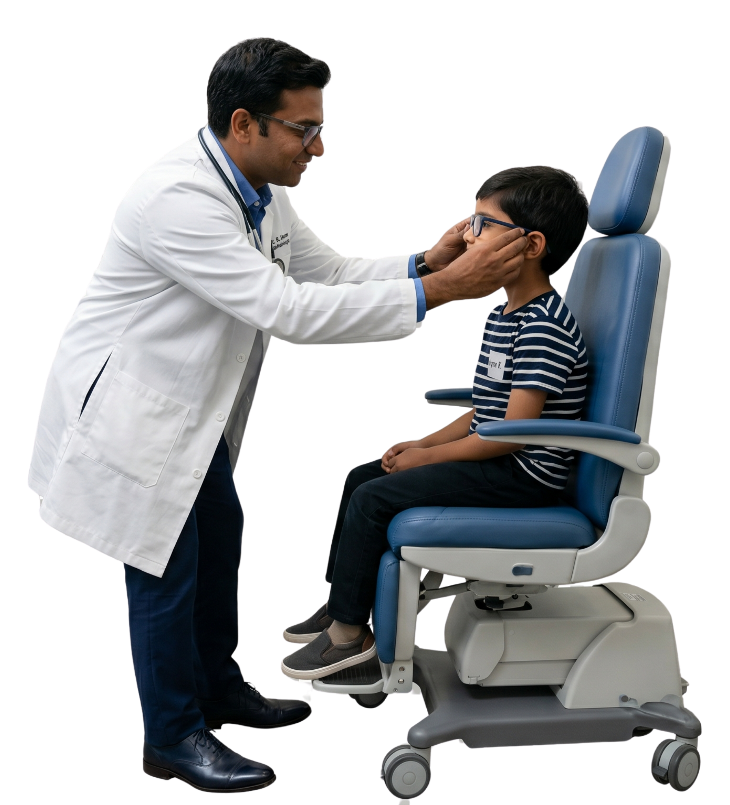 Ophthalmologist gently fitting glasses for a young patient during an eye consultation