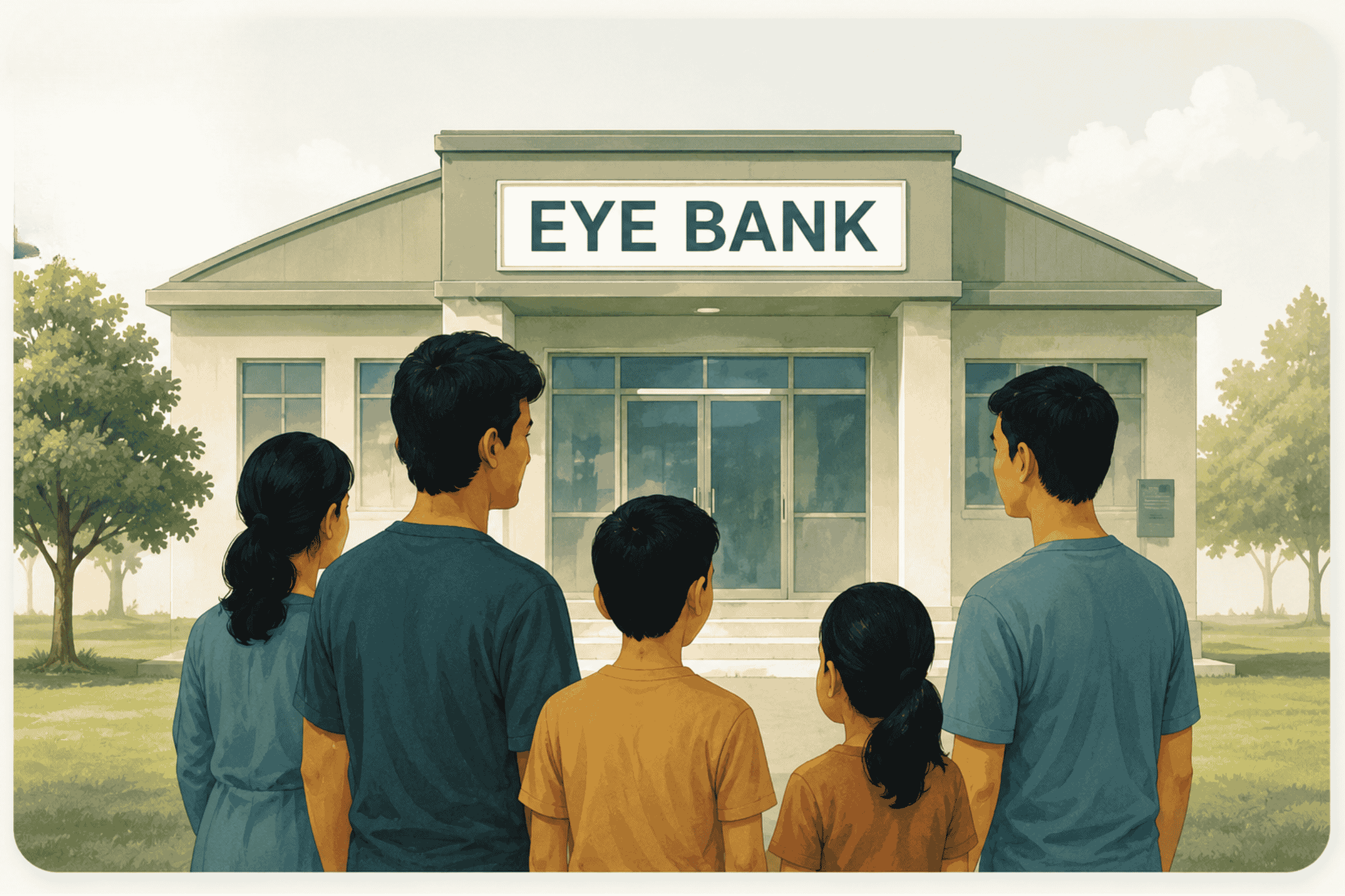 Illustration: a family stands together outside an eye bank building