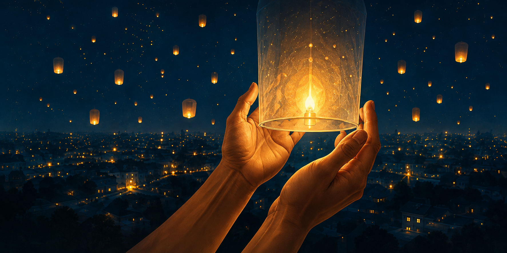 Hands release a glowing paper lantern over a city at night, with many more lanterns rising