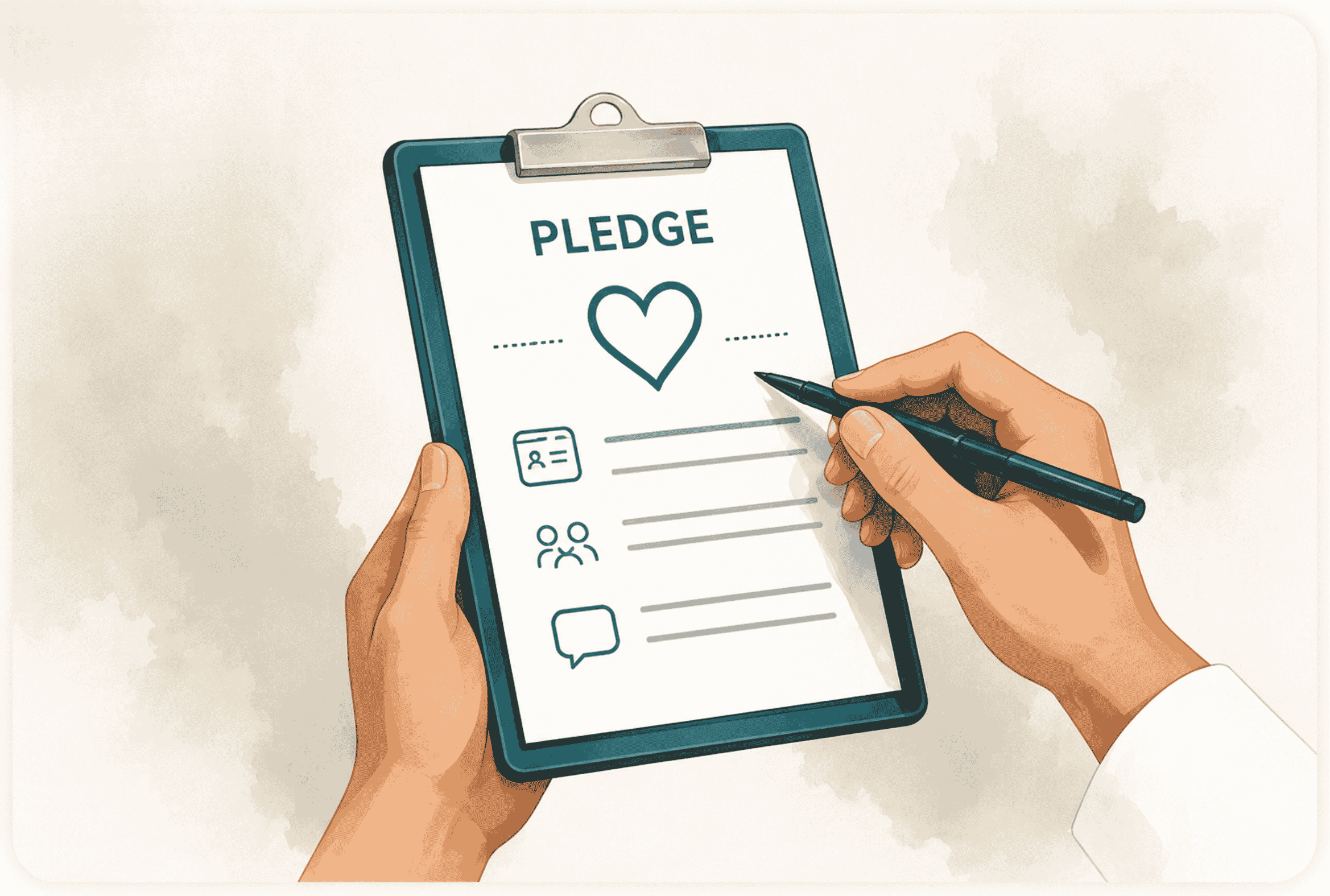 Illustration: a hand signs an eye-donation pledge form on a clipboard