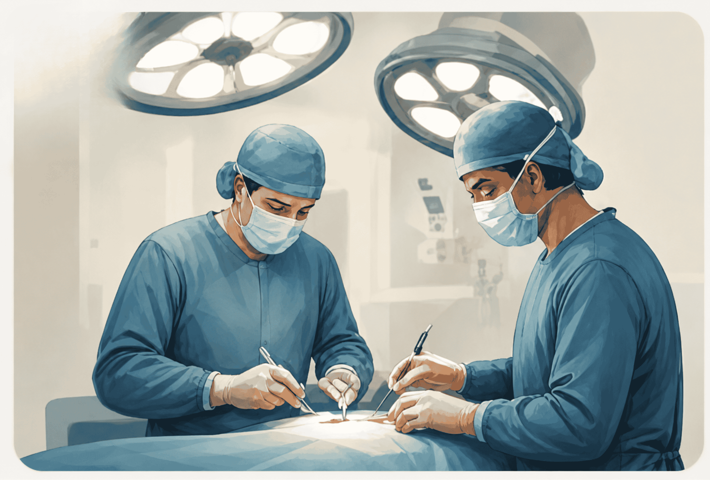 Illustration: two surgeons operate under the lights of an operating theatre