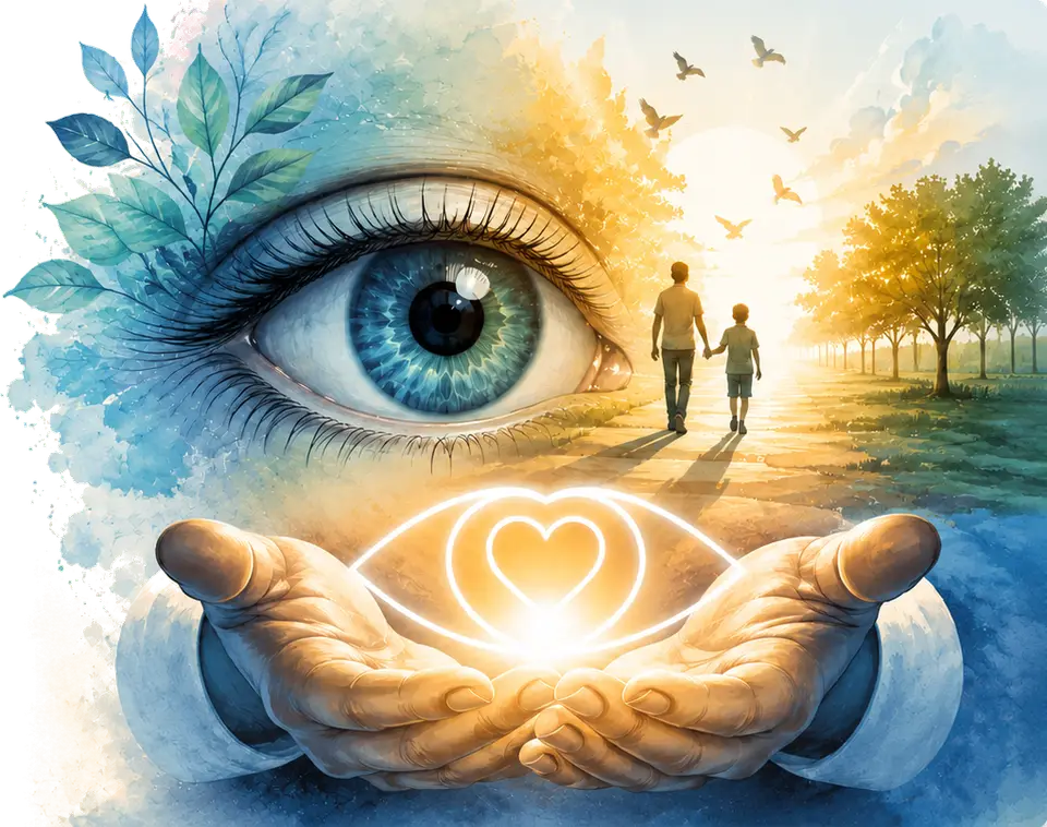 Watercolour illustration: an eye opens onto a sunlit tree-lined path where a parent and child walk hand in hand, with cupped hands below holding a glowing eye and heart